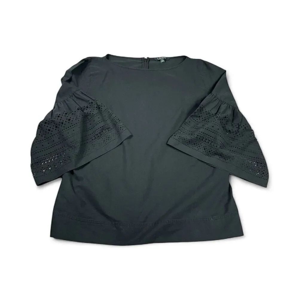Lauren Ralph Lauren Boat Neck Top Black Bell Cutout Sleeve Shirt Work Casual XL